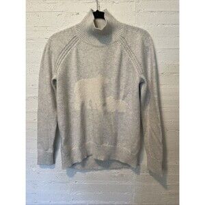 Cabincore Loft Women’s Sweater, Mock Neck, Hi Low, Light Gray Bear Motif S